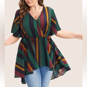 BloomChic Multi-Stripe V-Neck Peplum Blouse in Green Navy Burgundy